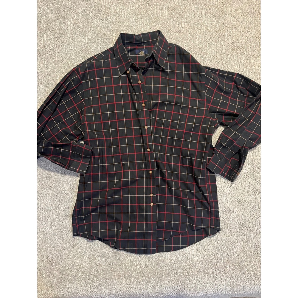 Brooks Brothers 346 Mens Large Non-Iron Cotton Button Down Shirt Black Red Plaid